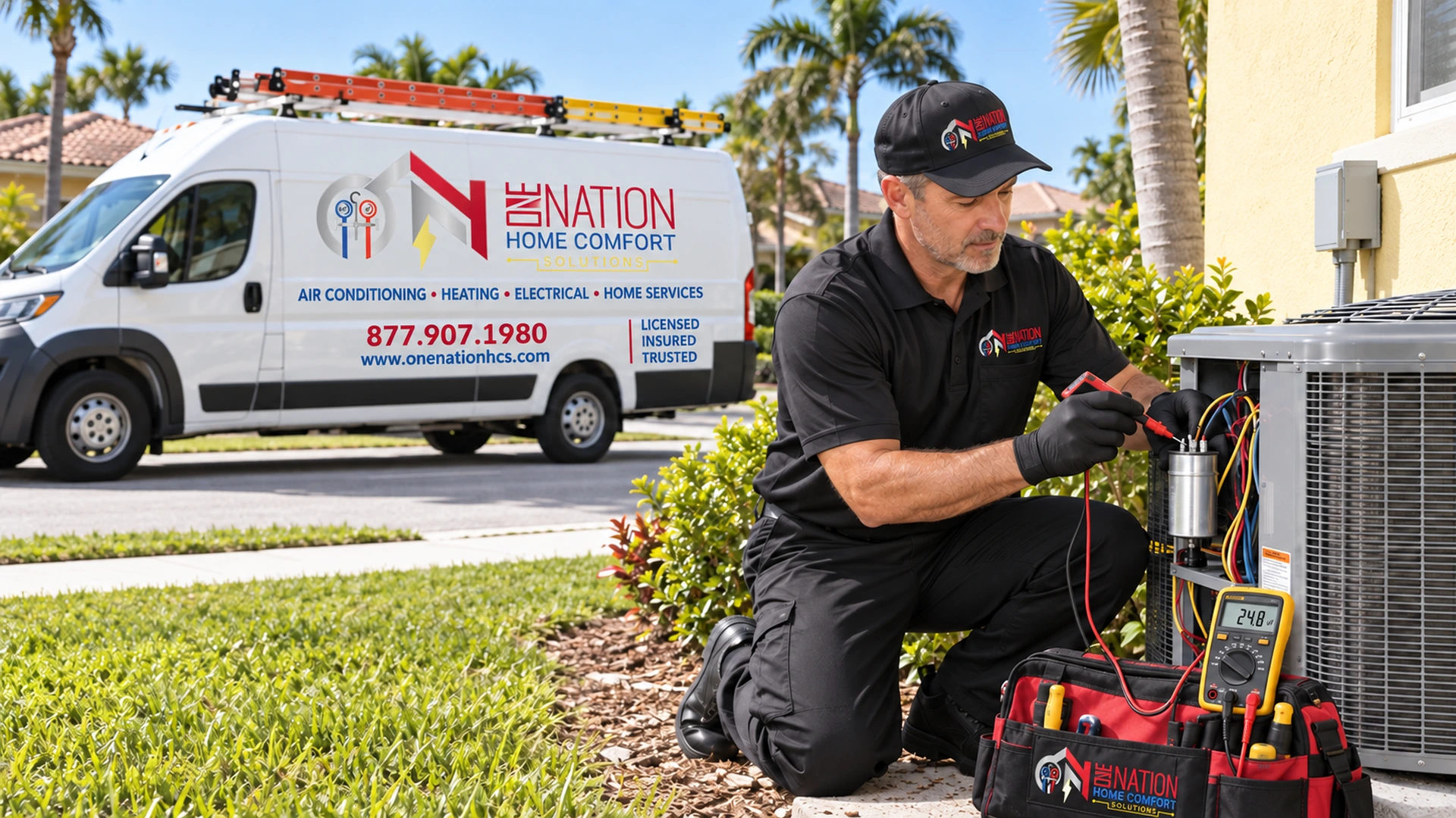 HVAC technician testing outdoor AC unit for Nation Home Comfort Solutions.