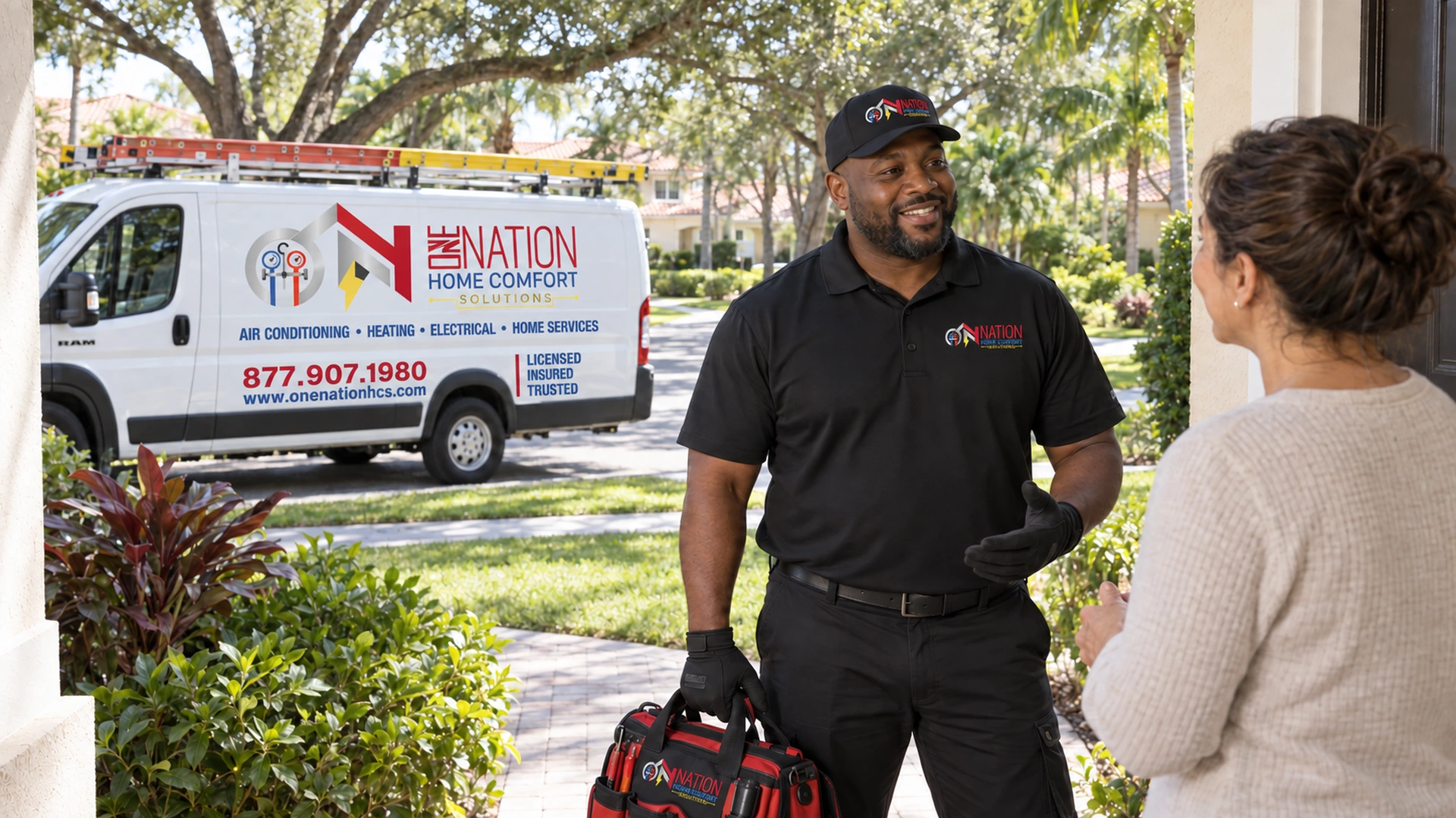 HVAC technician from The Nation Home Comfort Solutions talks to a homeowner outside.