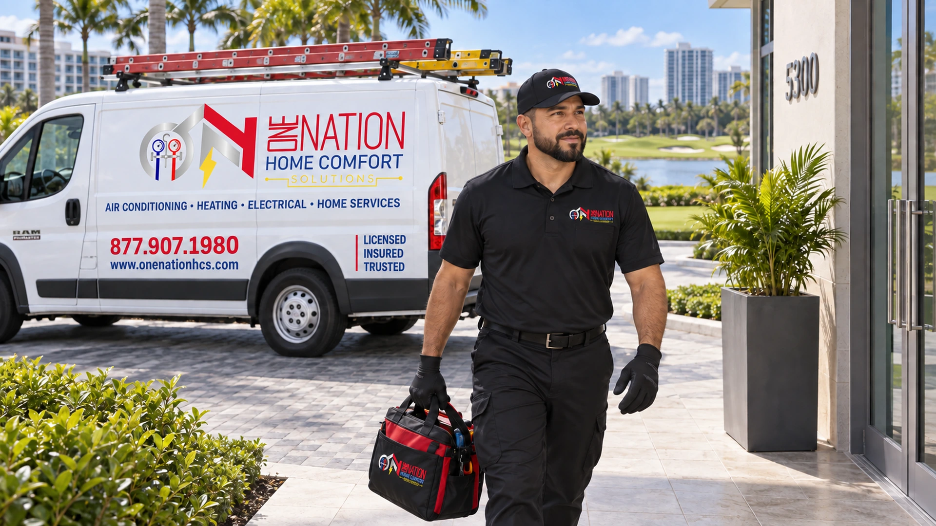 HVAC technician from Nation Home Comfort Solutions walks towards a building with a service van.
