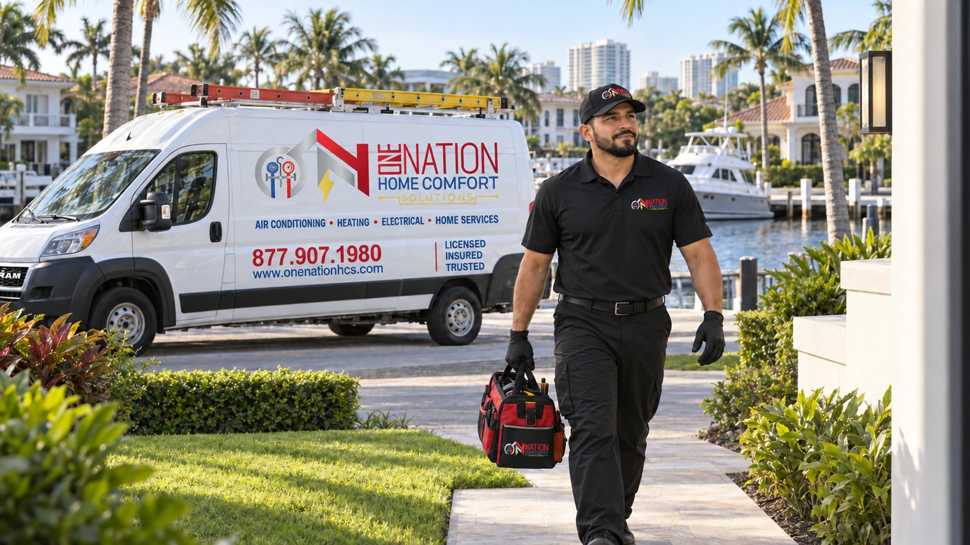 HVAC technician in uniform walks with toolbox next to a Nation Home Comfort Solutions van.