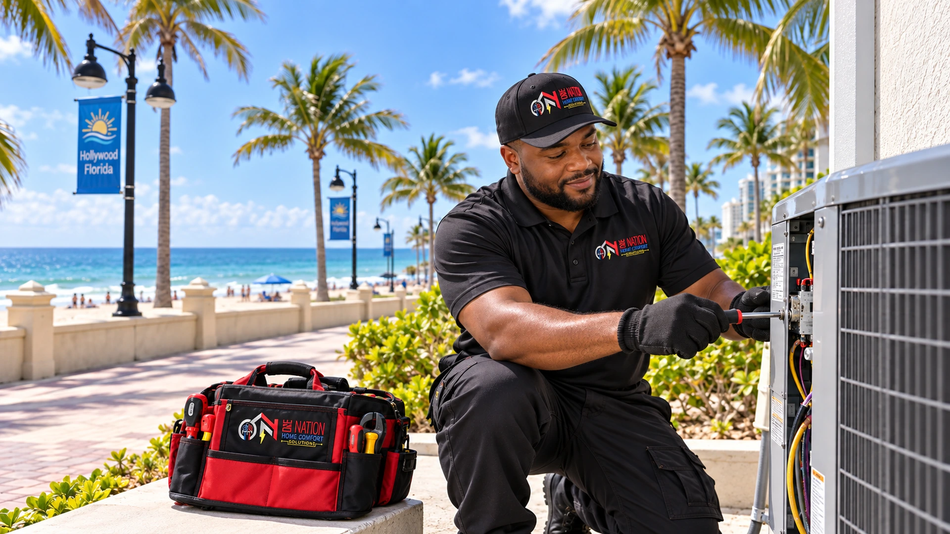 AC technician performing maintenance on an outdoor unit by a beach in Florida.