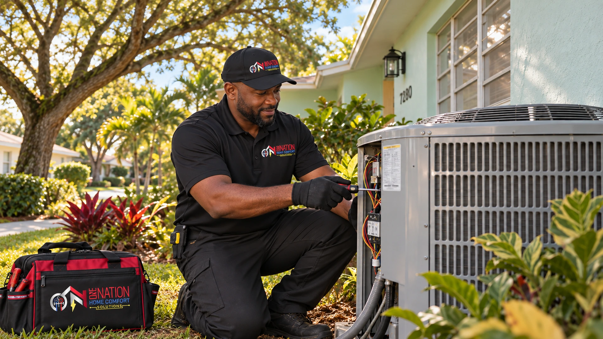 HVAC technician in uniform performing air conditioner repair outdoors.