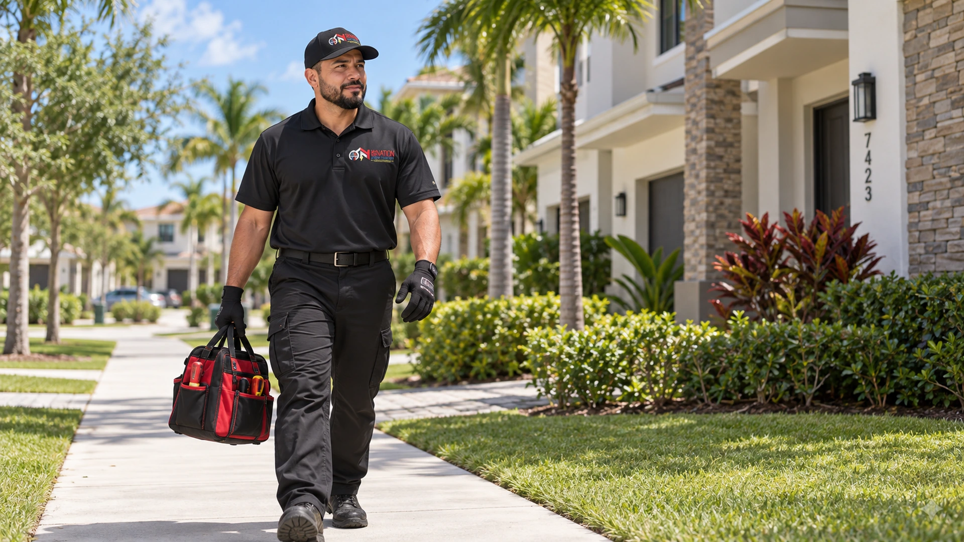 Technician in uniform walks with a toolbox on a suburban sidewalk.