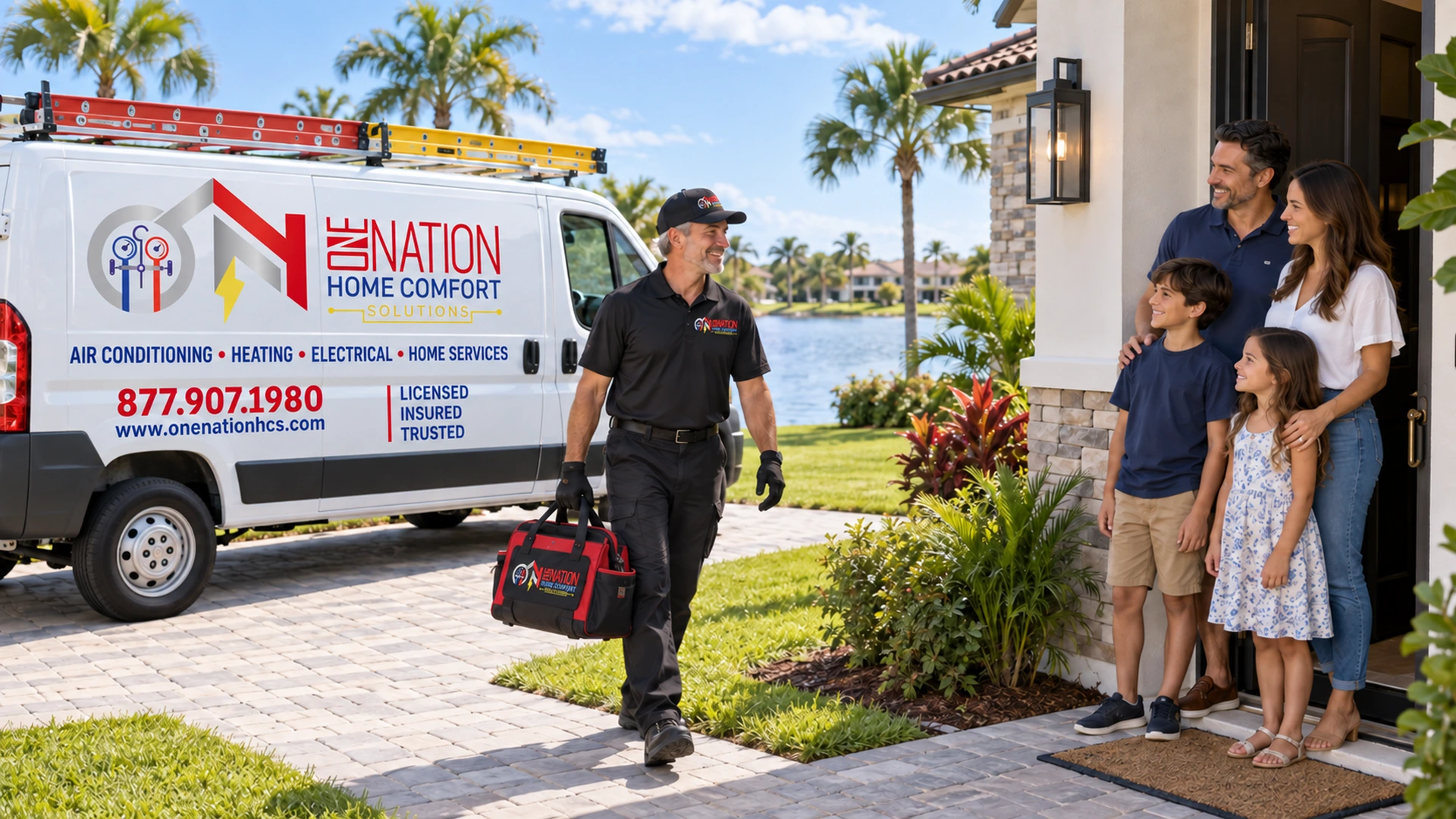 HVAC technician with 1 Nation van greets family outside home