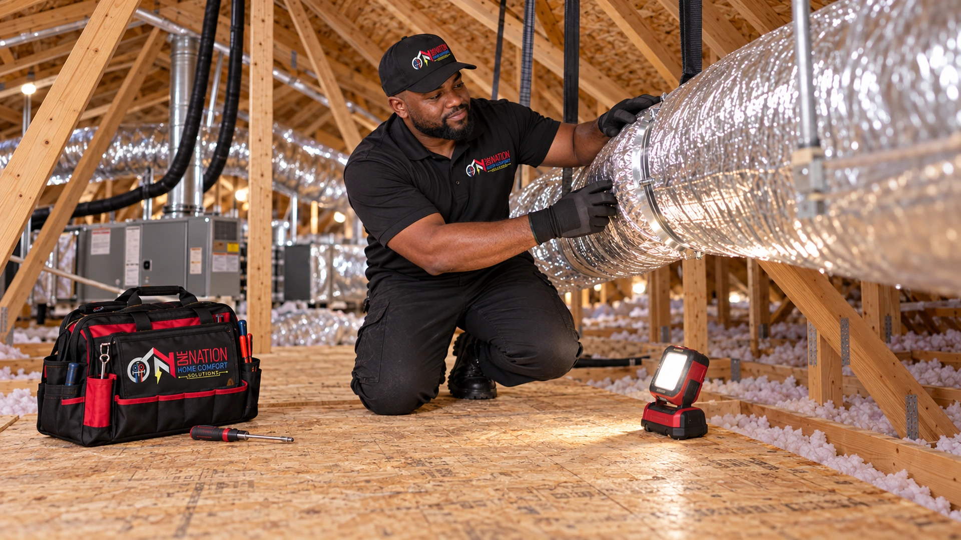 HVAC technician working on ductwork in a home attic.