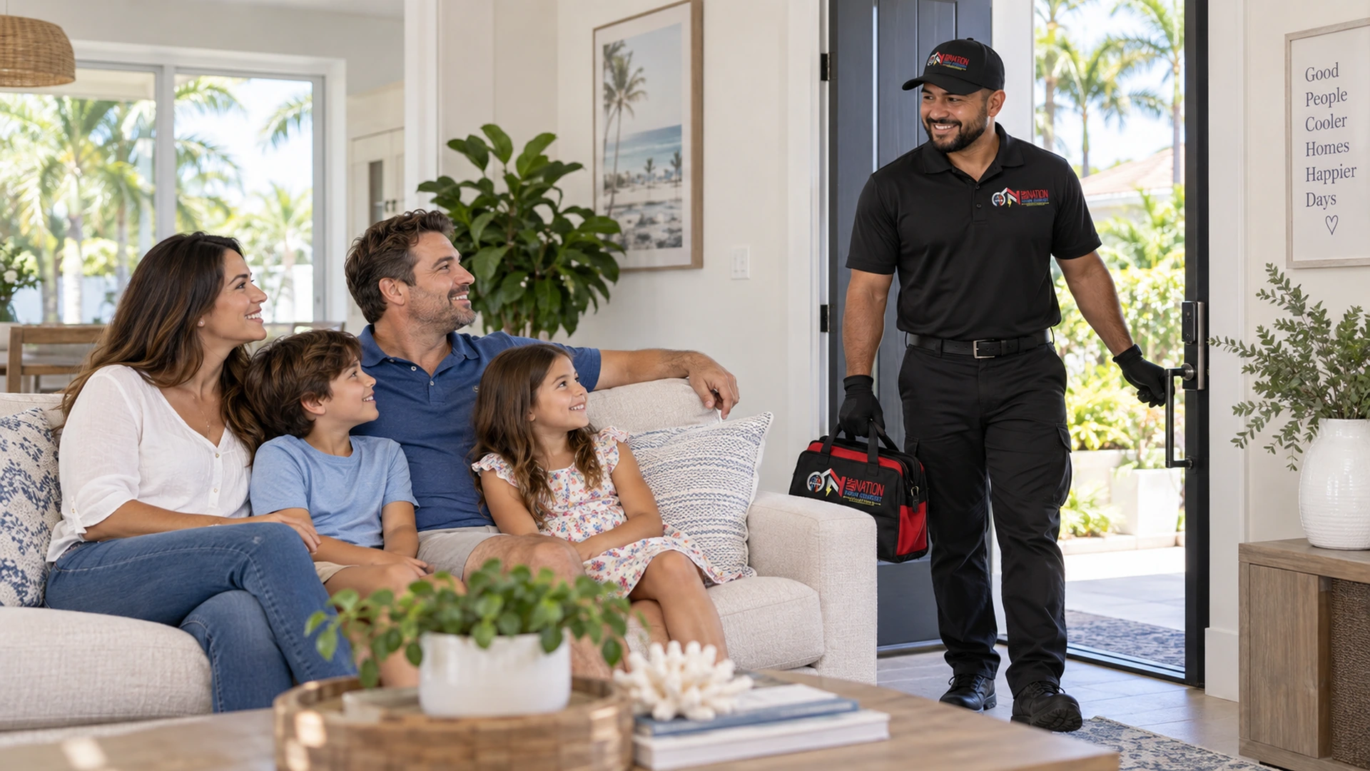 HVAC technician arrives at a happy family's home for service.