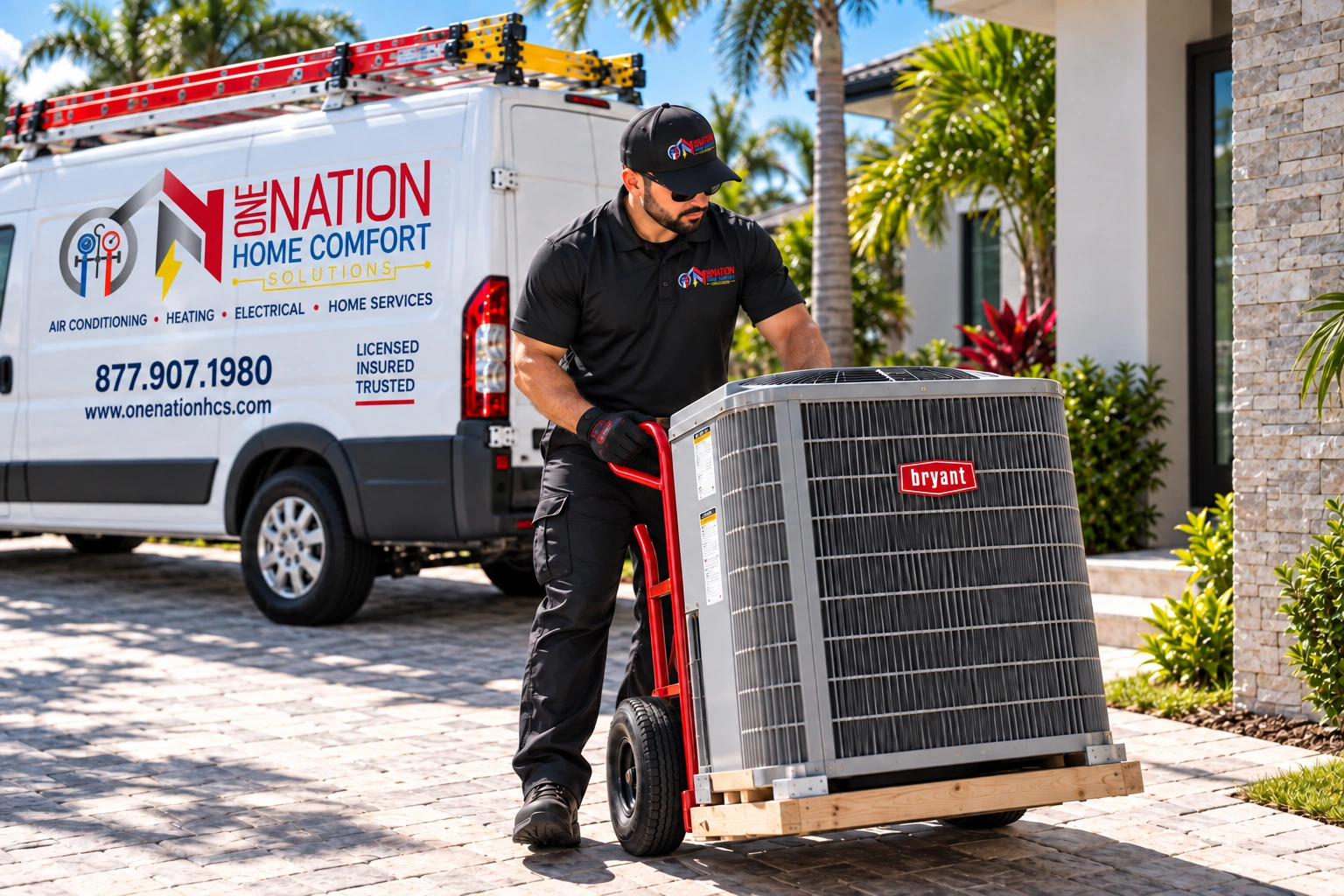 HVAC technician with Bryant AC unit and One Nation Home Comfort van