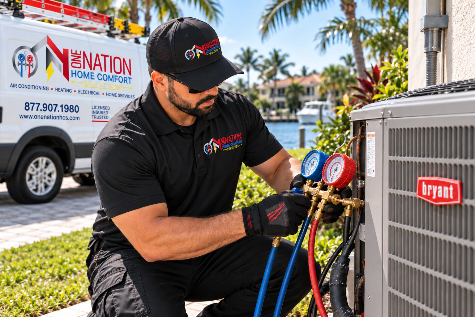 HVAC technician using gauges on an outdoor AC unit for service.