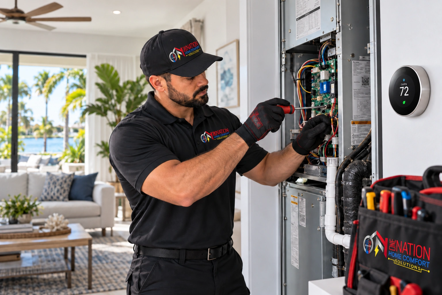 HVAC technician in uniform working on a home comfort system with Nest thermostat.