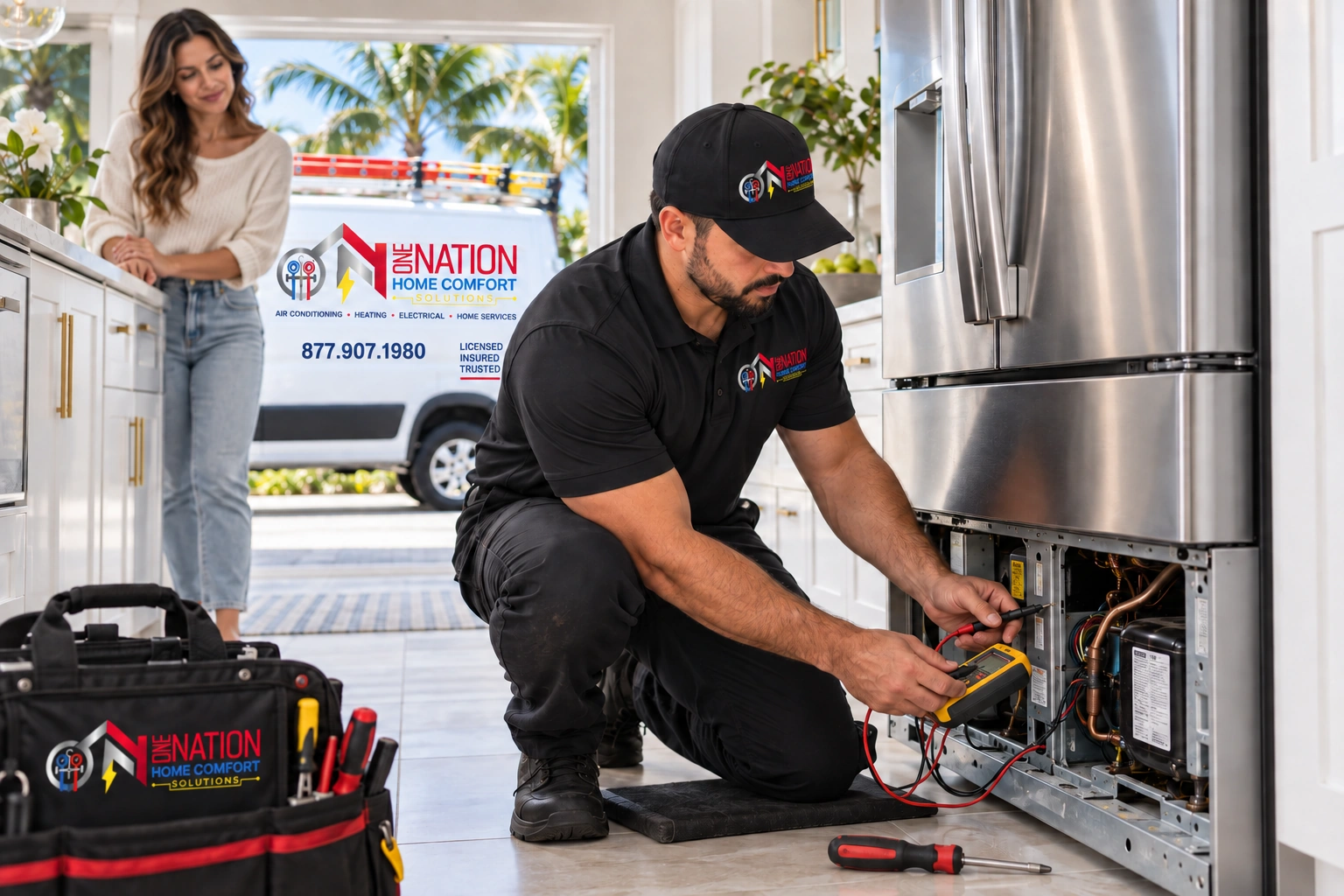 Nation Home Comfort technician repairs refrigerator in kitchen, woman watches.