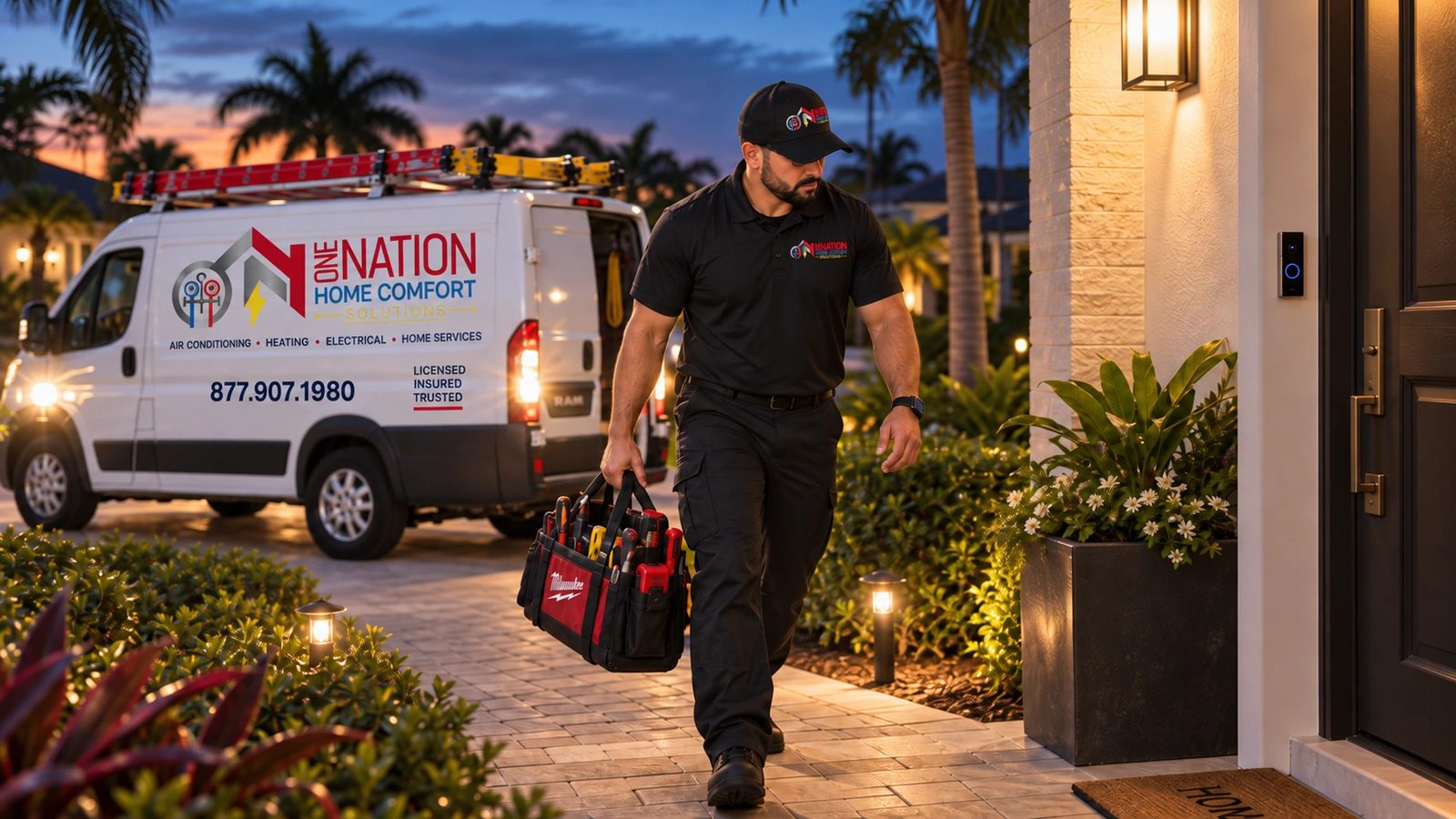 HVAC technician with tool bag approaches home with YNATION van