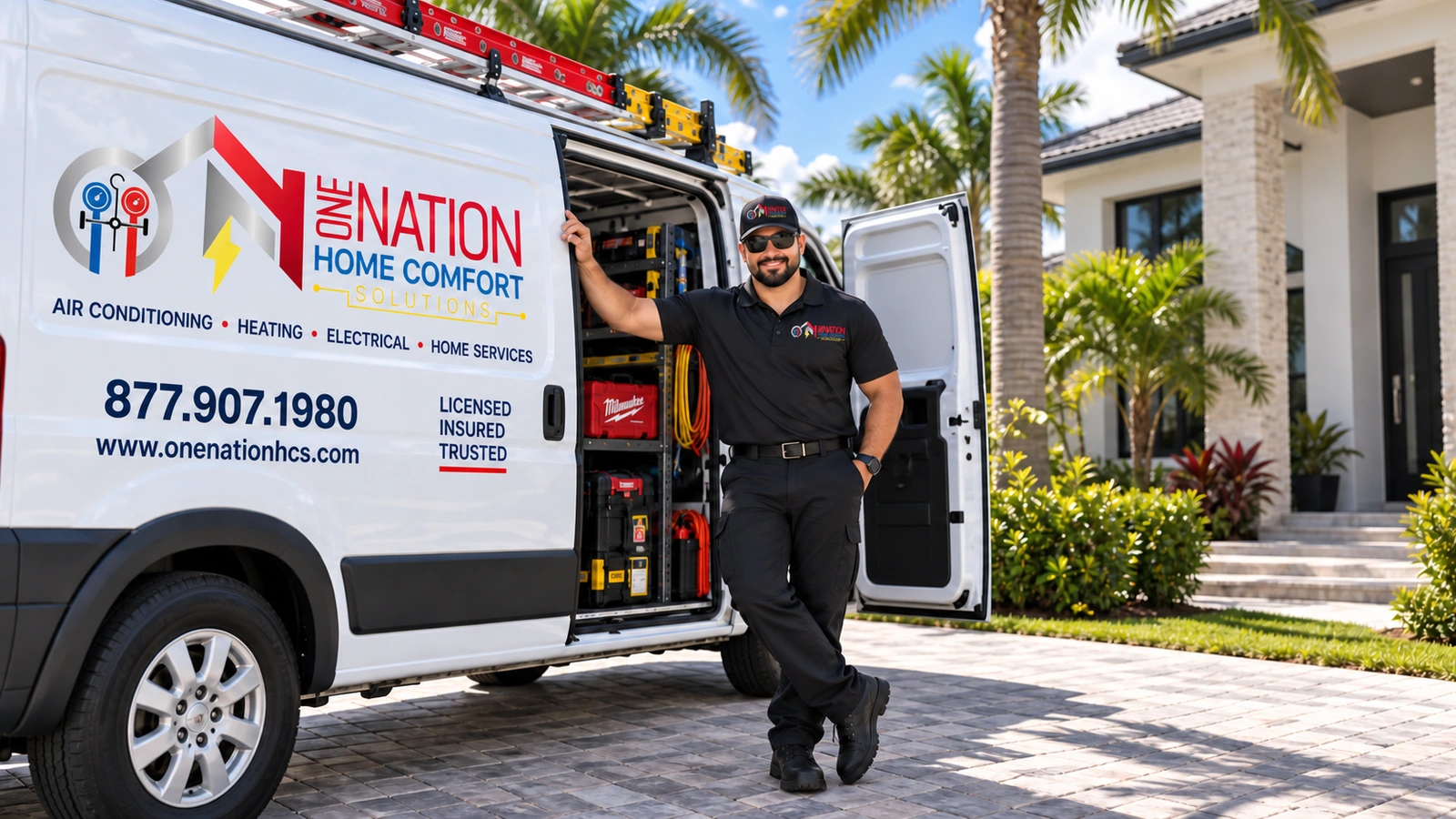 One Nation Home Comfort Solutions technician by a service van