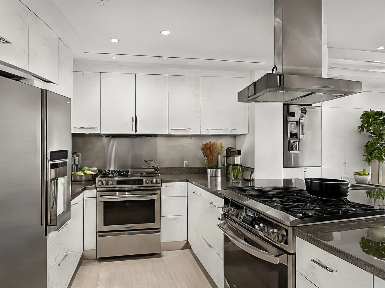 Modern white marble kitchen with stainless steel appliances and gas range.