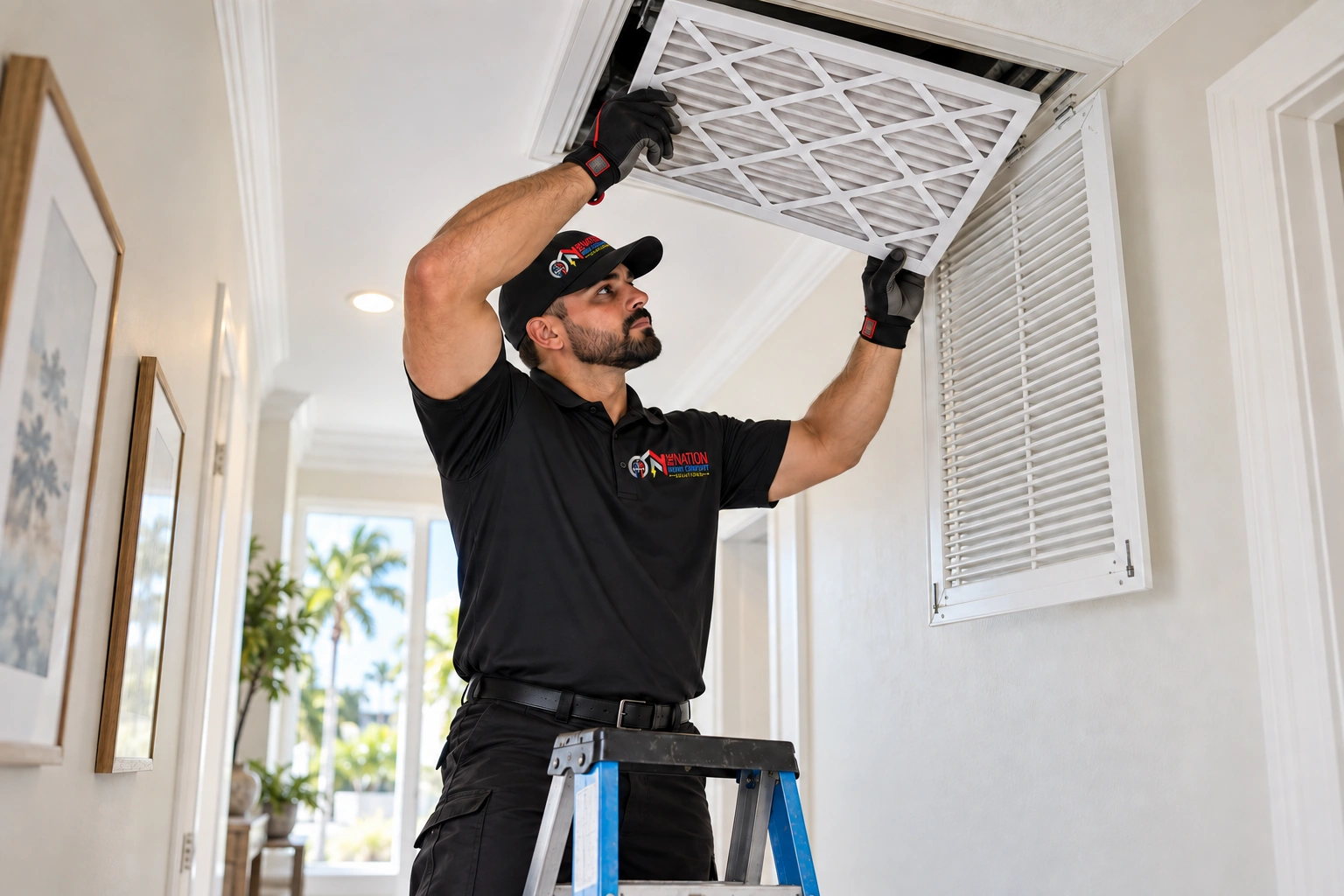 HVAC technician replacing air filter in ceiling vent