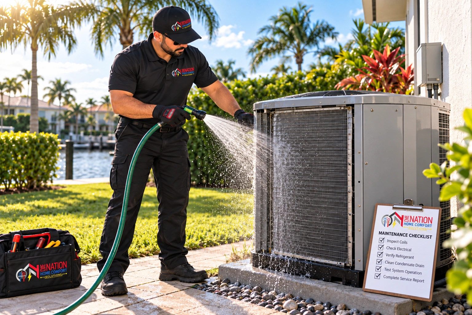 HVAC technician cleaning an outdoor air conditioner unit with a hose.