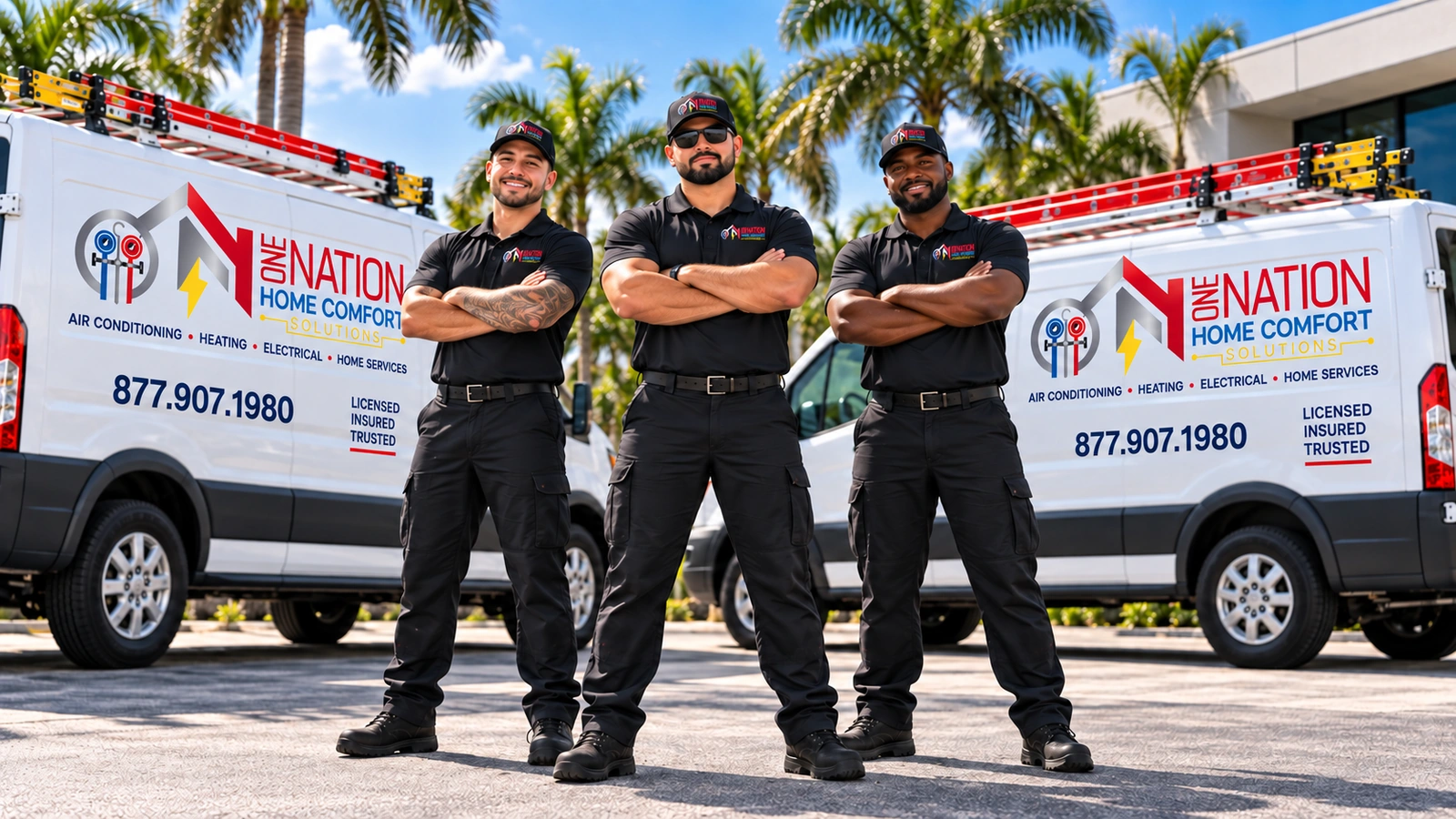 One Nation Home Comfort Solutions team in front of their AC service vans.