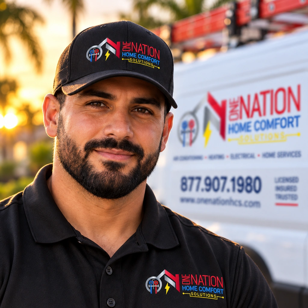 Nation Home Comfort Solutions technician in uniform with company van