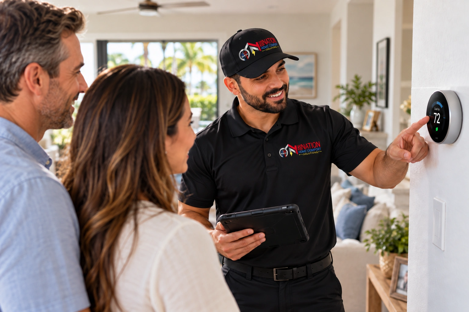 HVAC technician showing a smart thermostat to a couple