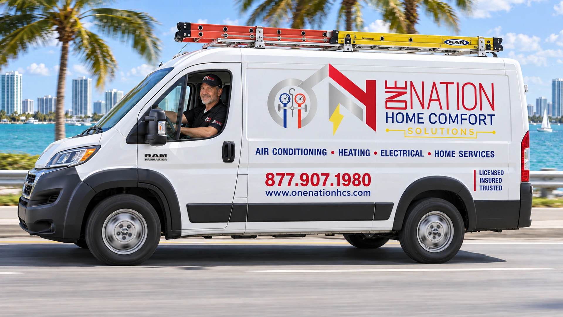 Nation Home Comfort Solutions van with contact info and services listed
